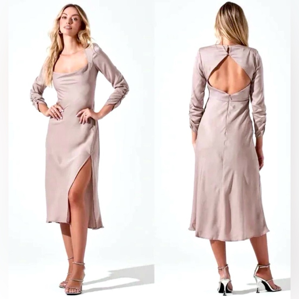 ASTR Champagne Blush Nude  3/4 Sleeve below knee Slit faux satin/silk Dress XS